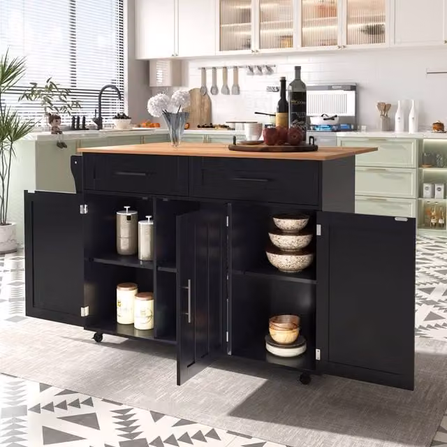 Merax Kitchen Island Trolley with Foldable Tabletop and Storage Cabinet Drawers in Black – 1