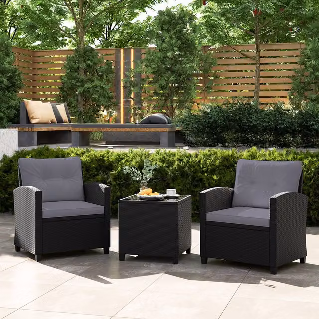 COSTWAY 3 Piece Grey Rattan Conversation Set with Glass Table