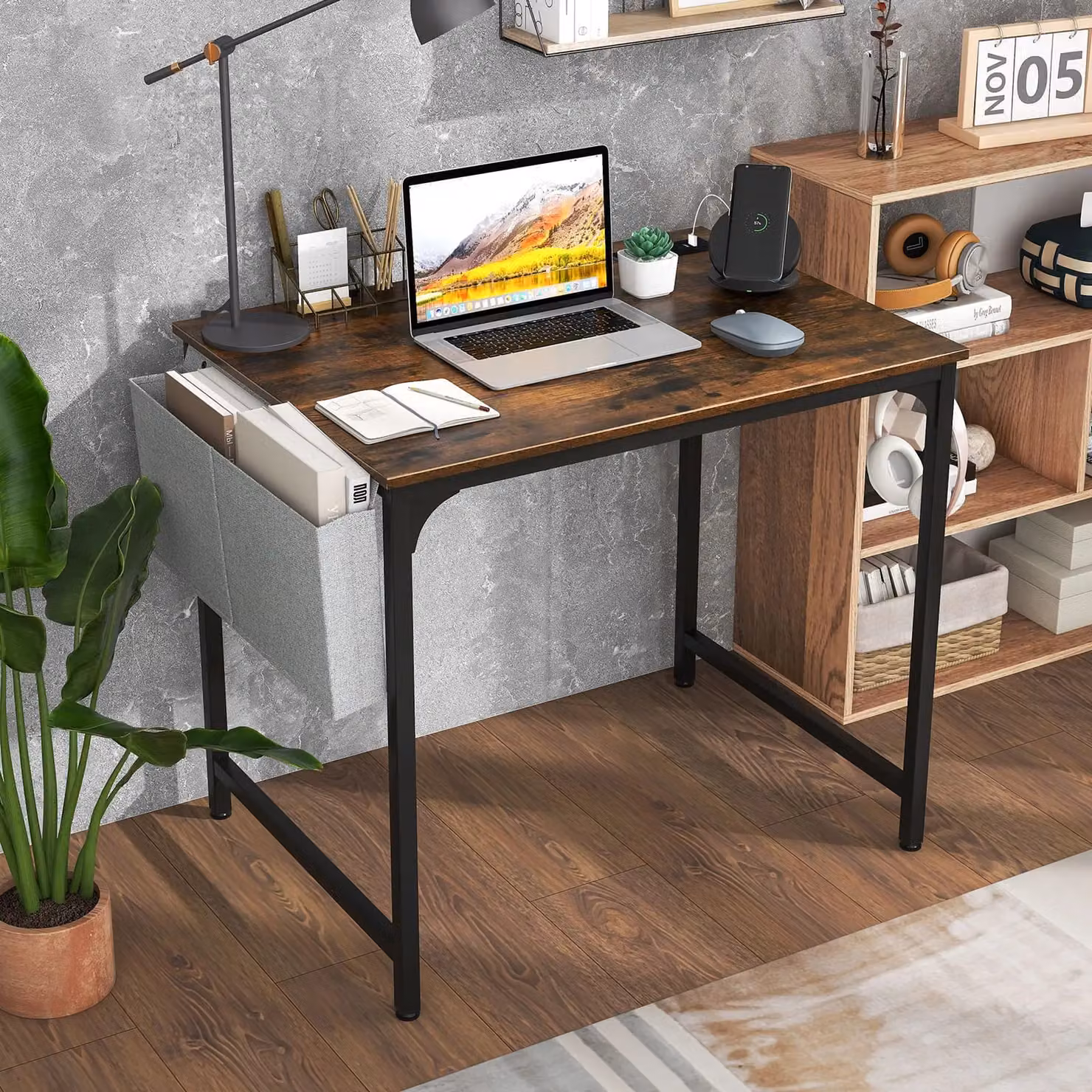 Costway Industrial Computer Desk with Charging Station in Brown – 7