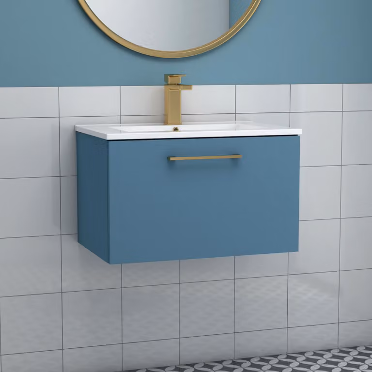 Royal Bathrooms Modena 800mm Wall Hung Vanity Unit in Satin Blue with Minimalist Basin and One Drawer
