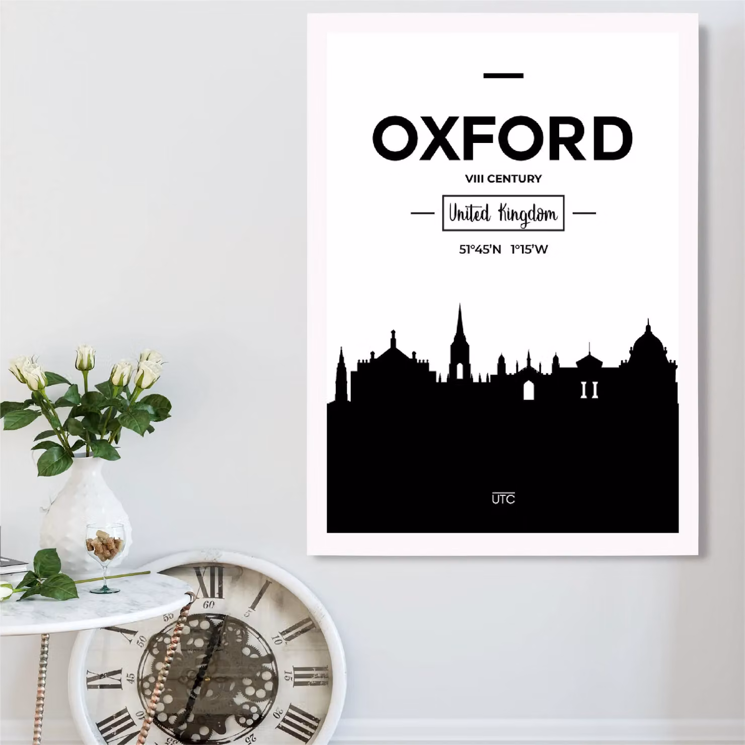 ARTZE Oxford Black and White City Skyline Framed Paper Poster Print with White Frame – 2