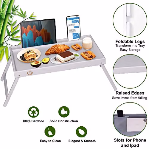 MANTRARAJ Bamboo Wooden Breakfast Serving Tray with Folding Legs in White – 2