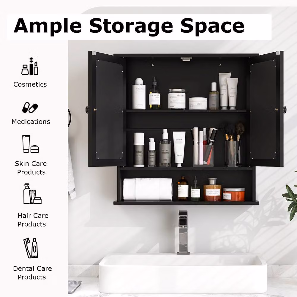 Costway Black Wooden Wall Mounted Bathroom Medicine Cabinet with Mirror and Two Hinged Doors – 4