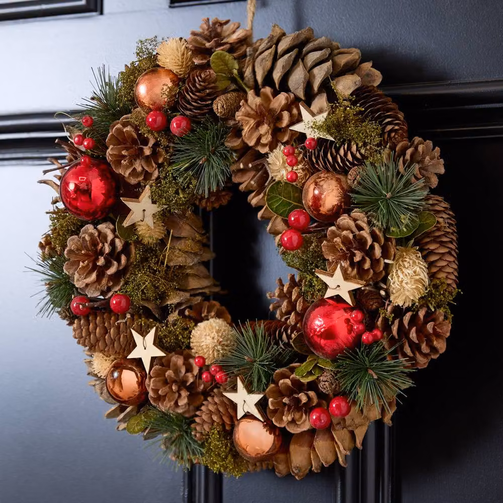 Dibor Red and Bronze Christmas Wreath with Baubles and Stars, Diameter: 36 cm – 3