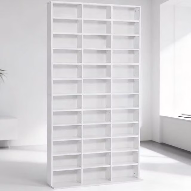 ERGOVEXA White Wooden Display Shelving Unit with Adjustable Shelves and Media Compartments, H 195 x W 102 x D 23.5 cm – 1