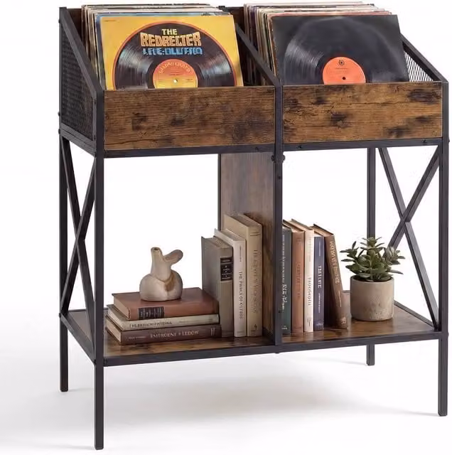 VOGREX 2-Tier 4-Grid Industrial Metal Vinyl Record Rack in Brown, W/D/H: 80.5 x 70.0 x 40.0 cm