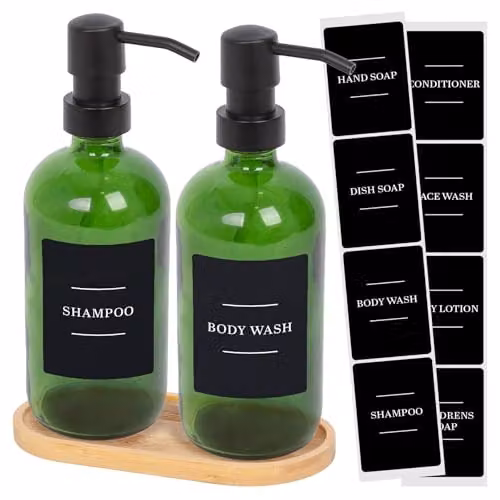 Harbour Housewares 2 Piece Glass Soap Dispenser Set with Bamboo Tray and Labels, 500ml, Green and Black