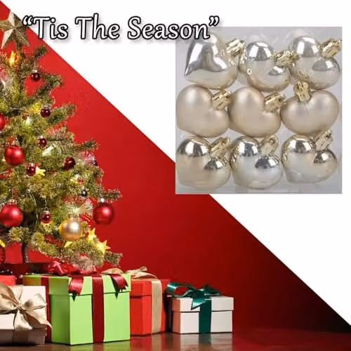 VFM e-Store Set of 9 Glass Heart Christmas Tree Hanging Ornaments in Beige and Gold, 4cm – 5