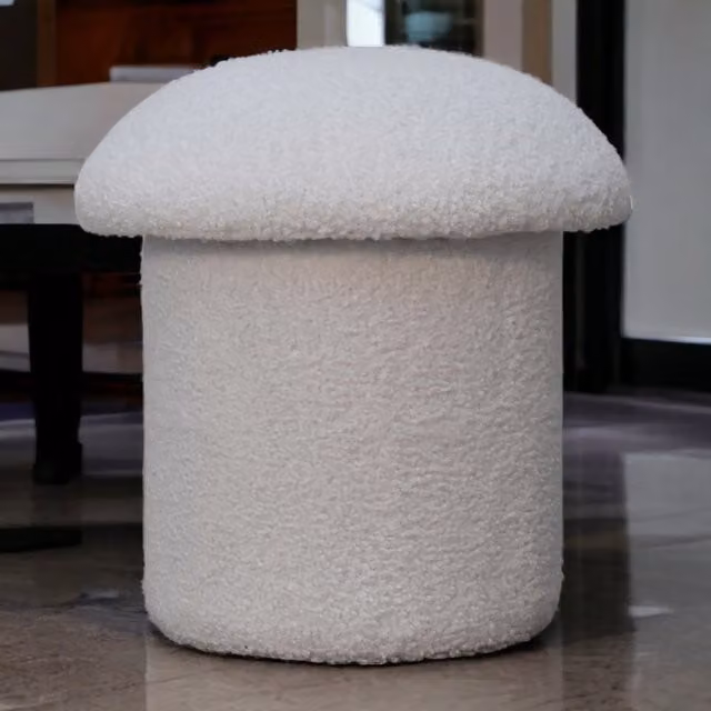 Artisan Furniture Mushroom Footstool in White Bouclé and Brown Wood