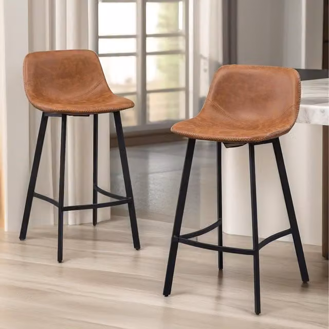 Pirlo Plush Set of 2 Industrial Brown Synthetic Leather Bar Stools, Height: 91 cm