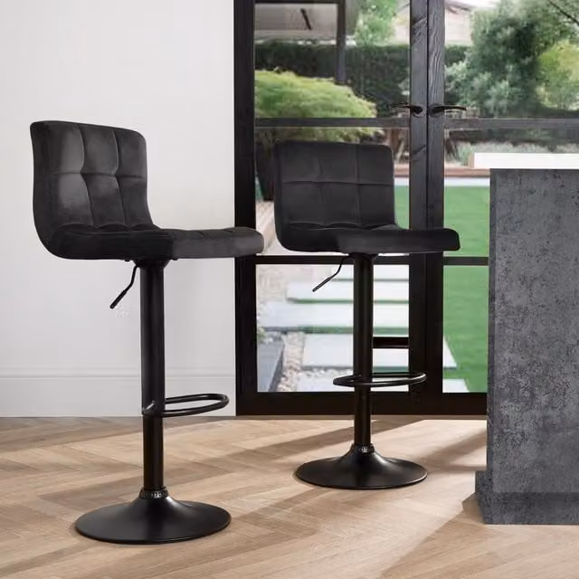 OHS Set of 2 Black Velvet Adjustable Swivel Bar Stools for Kitchen and Breakfast Counters