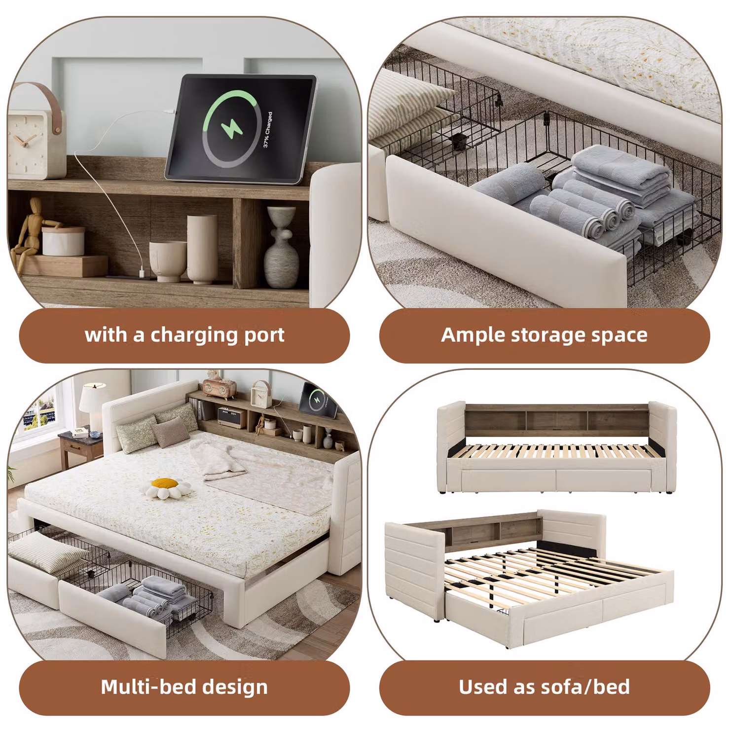 Aosom UK Upholstered Daybed with Pull-Out Trundle and USB Charging Port, Beige, W/D/H: 200 x 140 x 100 cm – 3
