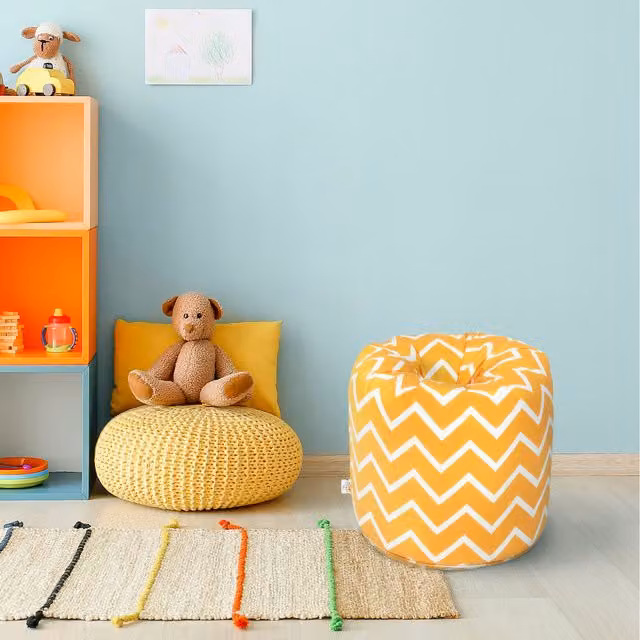 Ready Steady Bed Kids Round Bean Bag Chair in Yellow Geometric Fabric