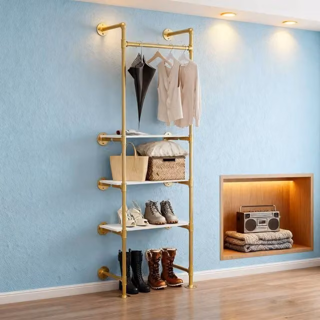 KORVIXA Gold and White Metal Industrial Pipe Clothing Rack for Bedroom or Living Room, Width: 50 cm