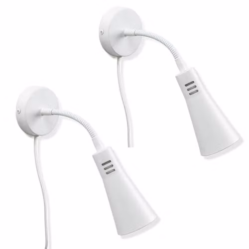 ValueLights Pair of 2 White Flexible Gooseneck Plug-in LED Wall Reading Lights with Warm White Bulbs