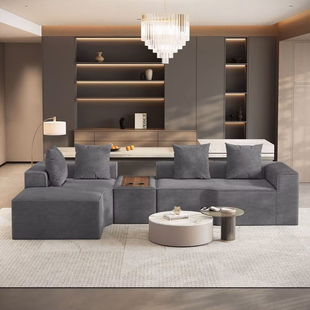 Dprodo Grey Corduroy Left L-Shaped Modular Sofa with Cup Holder Table and Scatter Cushions, 320 cm – 2