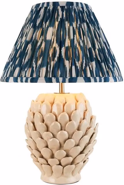 Netlighting Layered Leaf Ivory Table Lamp with Blue Fabric Ikat Shade and Gold/Brass Base, Diameter: 30 cm – 1