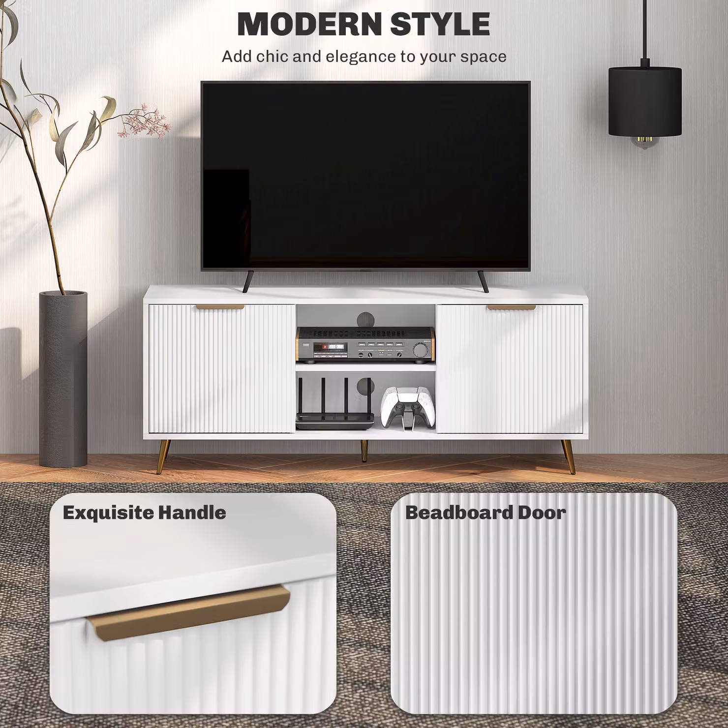 HOMCOM Modern White TV Stand Cabinet for TVs up to 55 inch with Shelves and Storage Cabinets – 3