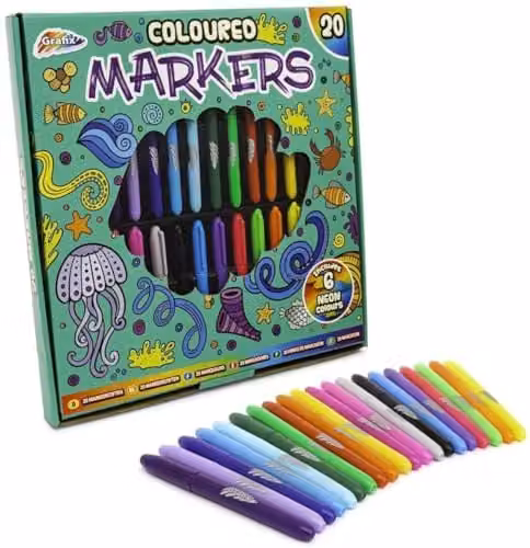 Grafix Neon Multicolour Ink Markers with Bullet Tip, 20 Pack