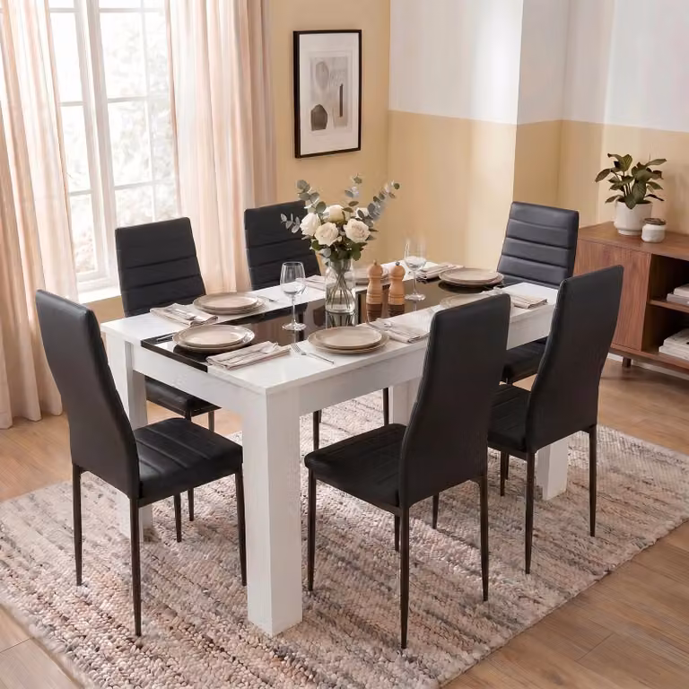 DHS Modern Glossy Rectangular Dining Table and 6 Chairs Set in White, Black and Grey, W/D/H: 140 x 80 x 75 cm
