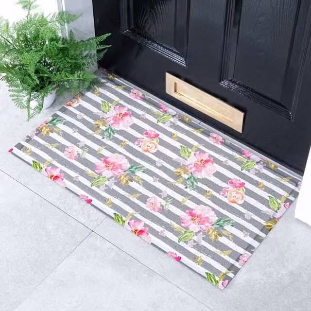 Artsy Mats Grey Striped Peony Indoor and Outdoor Doormat, W: 70 cm, D: 40 cm