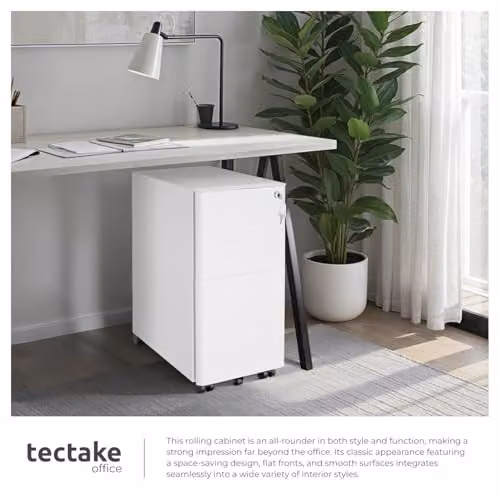 tectake Lockable Mobile Filing Cabinet in White Steel with 2 A4 Drawers and 1 Hanging File Drawer – 2
