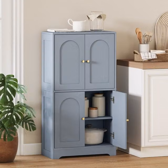 HOMCOM Modern Grey Tall Kitchen Cupboard with 4 Hinged Arched Doors and Internal Shelves, Width: 110 cm