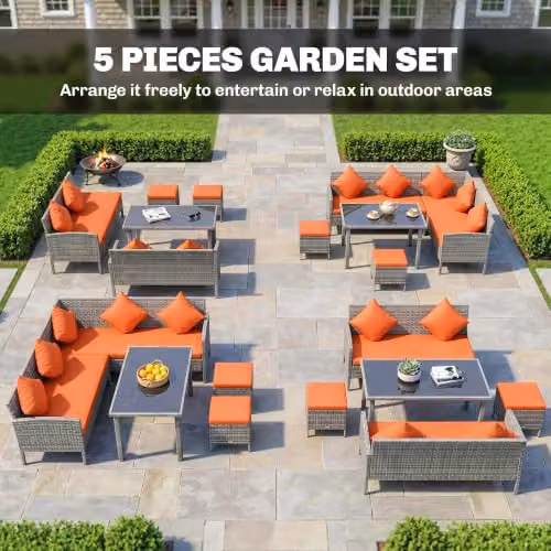 Outsunny 5 Piece Rattan Garden Dining Corner Sofa Set in Orange – 6