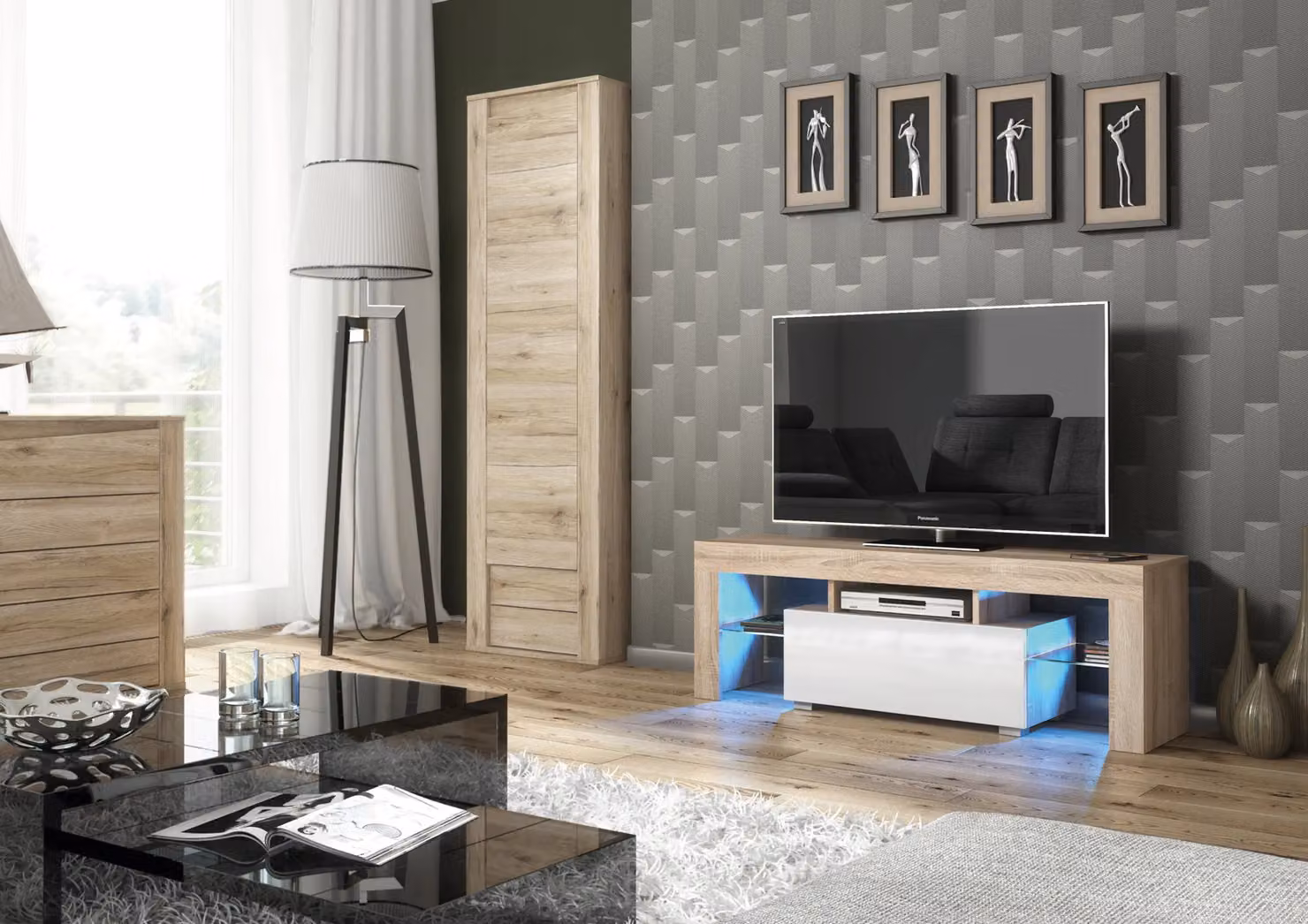 Creative Furniture Floe TV Unit in Oak with White Gloss Doors and LED Lights, W/D/H: 130 x 45 x 35 cm – 2