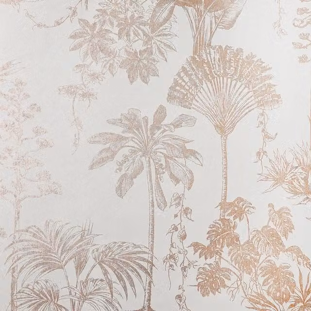 I Love Wallpaper Rainforest Retreat Botanical Wallpaper in Rose Gold and Yellow on Cream
