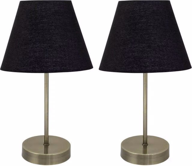 First Choice Lighting Set of 2 Antique Brass Stick Table Lamps with Black Fabric Shades