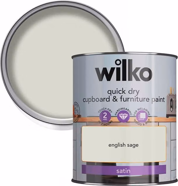 wilko Quick Dry Satin Furniture and Cupboard Paint, English Sage, 750ml