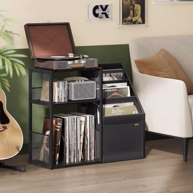 The Bazaarist 3-Tier Record Player Stand with Vinyl Storage and Album Display Shelf in Ebony Black