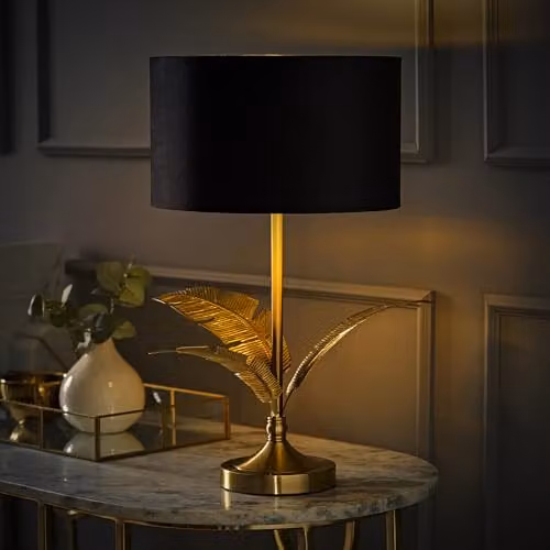 ValueLights Christina Black Velvet and Gold Palm Leaf Table Lamp with LED Bulb – 2
