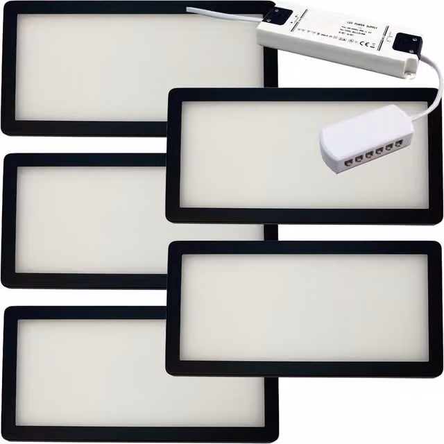 Loops 5x Matt Black Ultra-Slim Rectangular Under Cabinet Kitchen LED Light and Driver Kit with Warm White Diffused Light