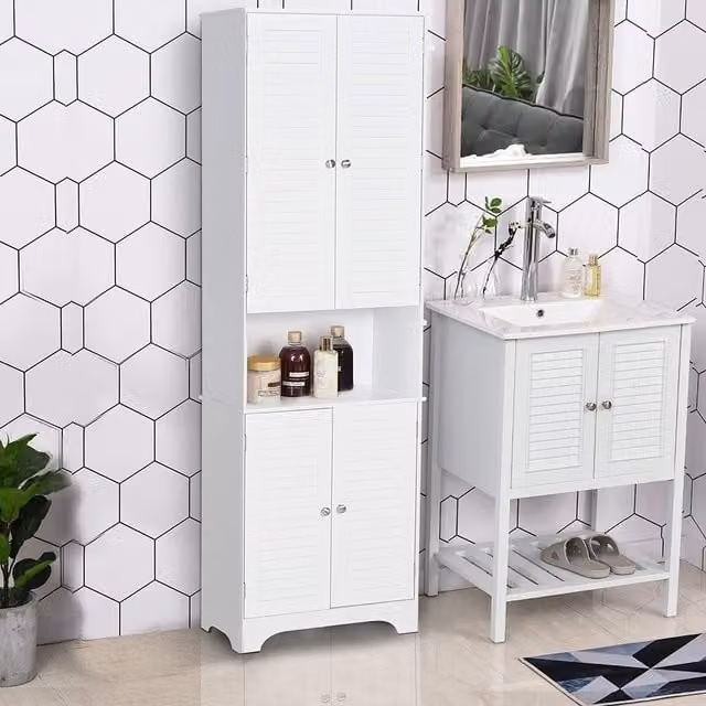 HOMCOM Tall Freestanding Retro Bathroom Cabinet with Roll Shutters in White