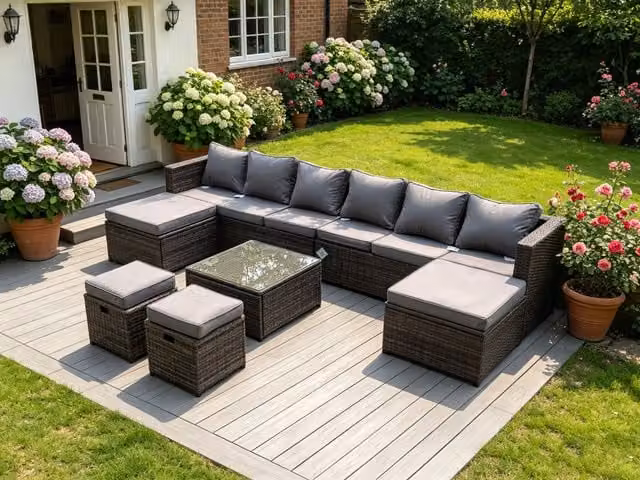 Fimous L-Shape Rattan Corner Sofa Set with Coffee Table and Ottoman in Light Grey