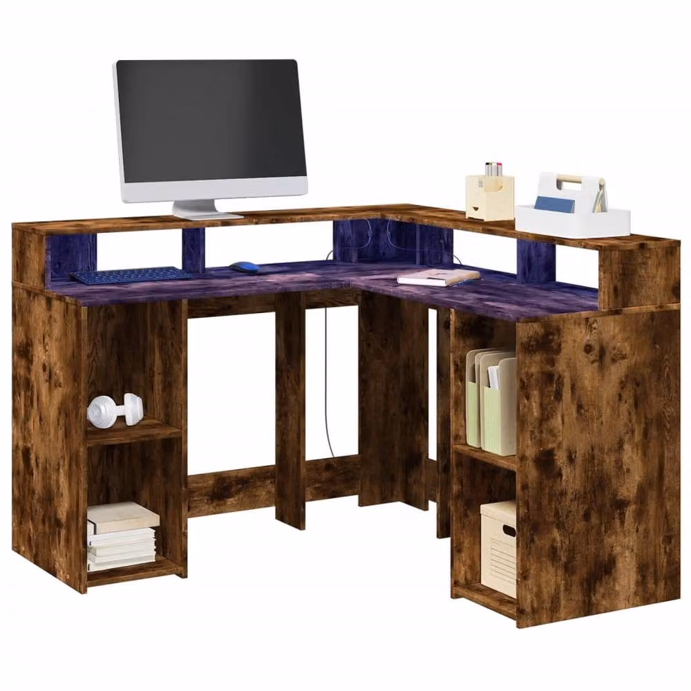 Berkfield Home Gaming Desk with LED Lights in Smoked Oak Brown, W/D/H: 130 x 130 x 91 cm – 2