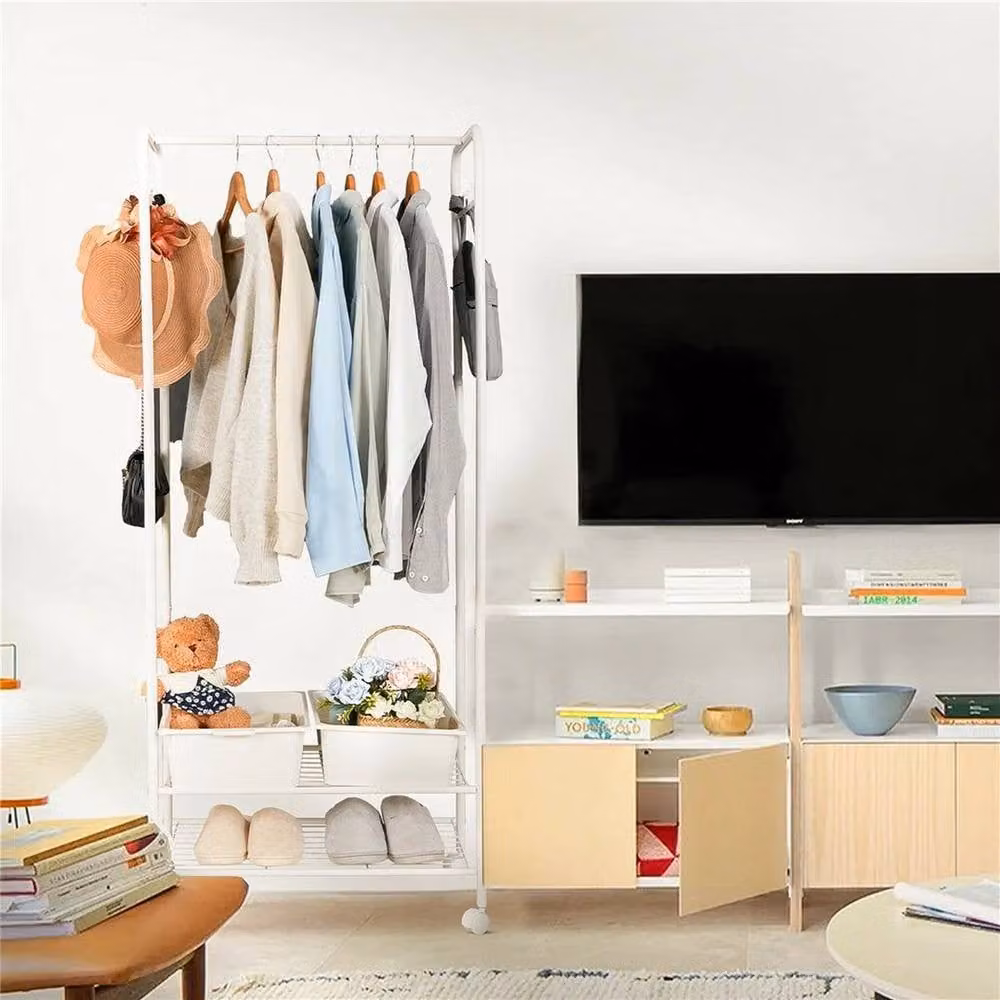 Kelvenix Rolling Metal Clothes Rail with Shelf in Matt White – 2
