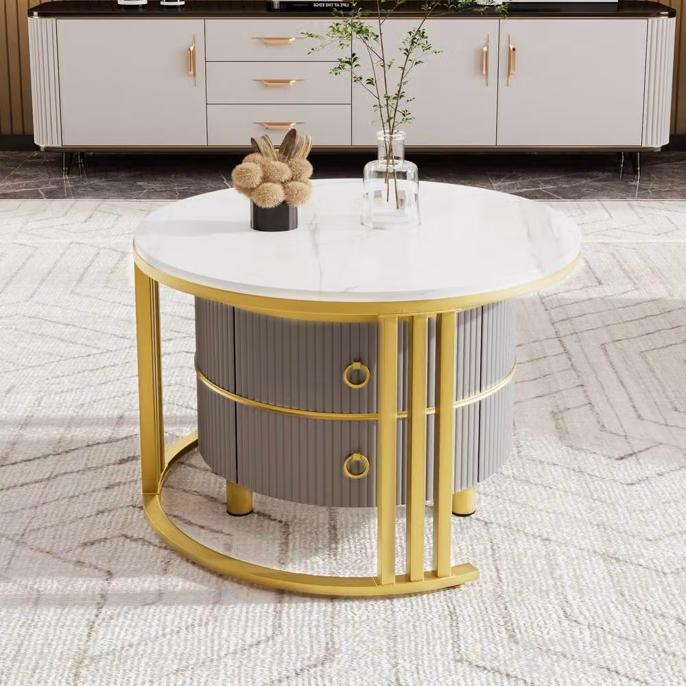 Rolipo White and Grey 2-in-1 Round Coffee Table Set with Nested Tops and Drawers – 3