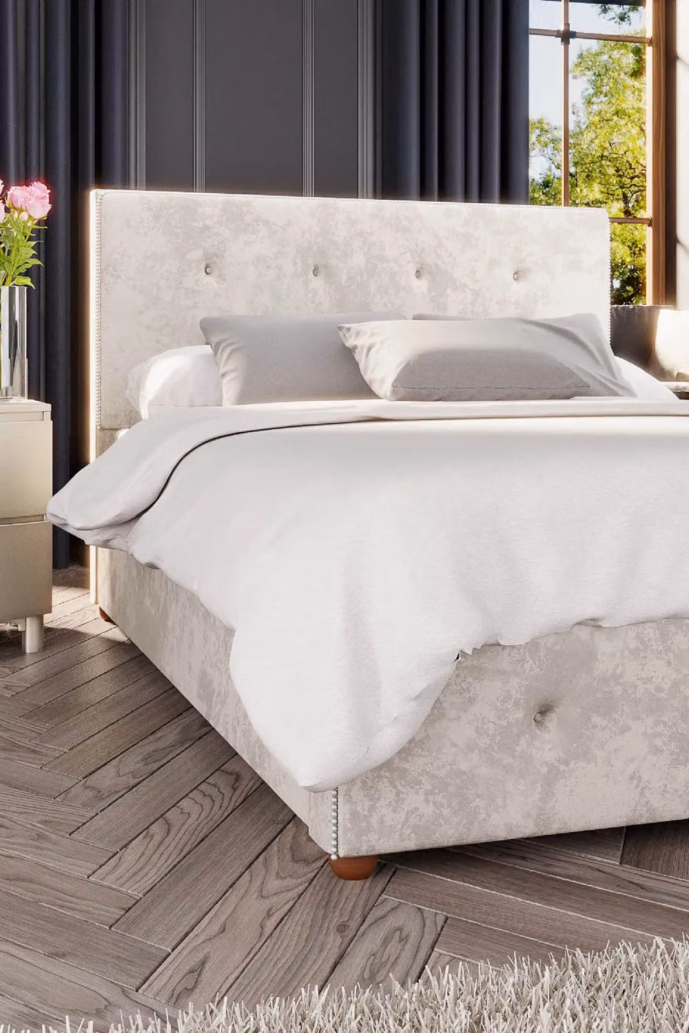 Laurence Llewelyn-Bowen Hesper Ottoman Storage Bed in White Mirazzi Velvet Fabric, Size: Double (W: 140 cm, L: 200 cm) – 3