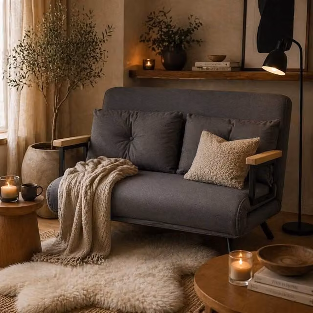 Wyld Haus Dima 4 in 1 Convertible Double Sofa Bed in Dark Grey Velvet with Wood Armrests, W/D/H: 140 x 200 x 73 cm