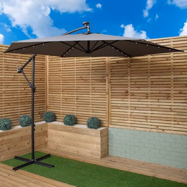 Samuel Alexander Grey Solar Powered Cantilever Banana Garden Parasol with White LED Lights and Crank Handle, W/D/H: 300 x 300 x 240 cm