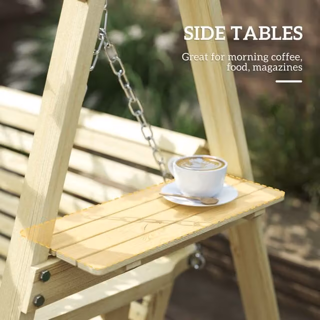 Outsunny 3 Seater Wooden Garden Swing Chair with Sun Canopy and Side Tables in Brown and Beige