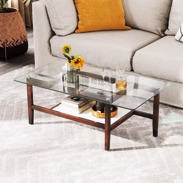 COSTWAY Modern 2-Tier Rectangular Glass and Rubberwood Coffee Table in Brown