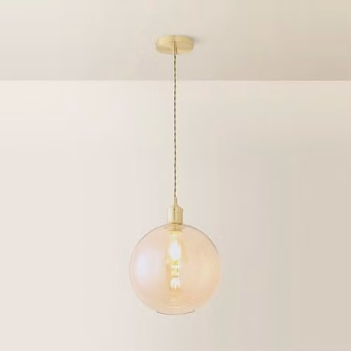 ValueLights Bellamy Amber Glass Globe Single Ceiling Pendant Light in Gold/Brass