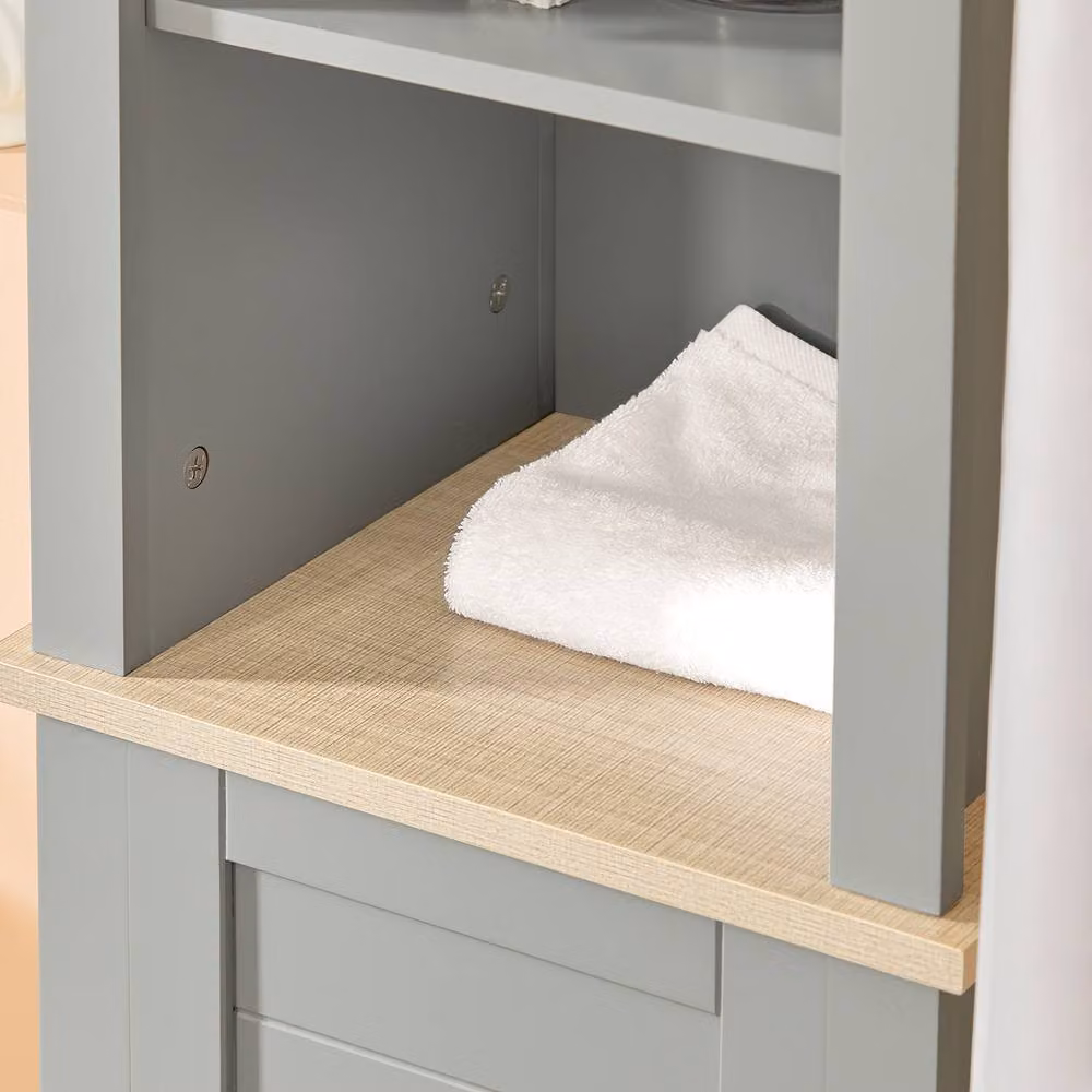 SoBuy Grey Rustic Bathroom Tall Cabinet with Hinged Doors and Internal Shelves – 3
