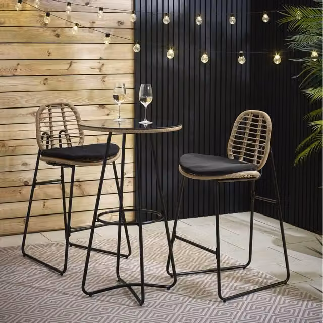 FurnitureboxUK Belize Rattan Outdoor Bar Set with Round Garden Bar Table and 2 Bar Chairs in Natural and Black
