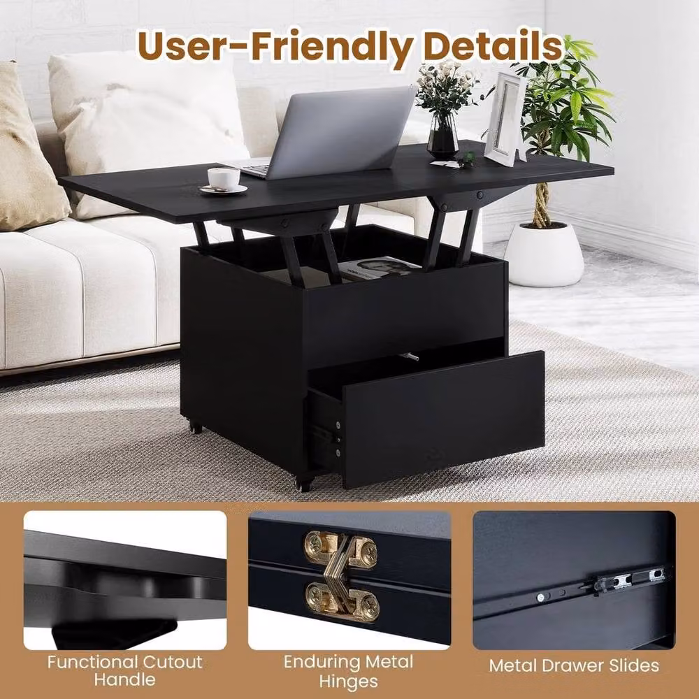 PAWNORA Modern Black Lift Top Coffee Table with Folding Mechanism and Castors – 4