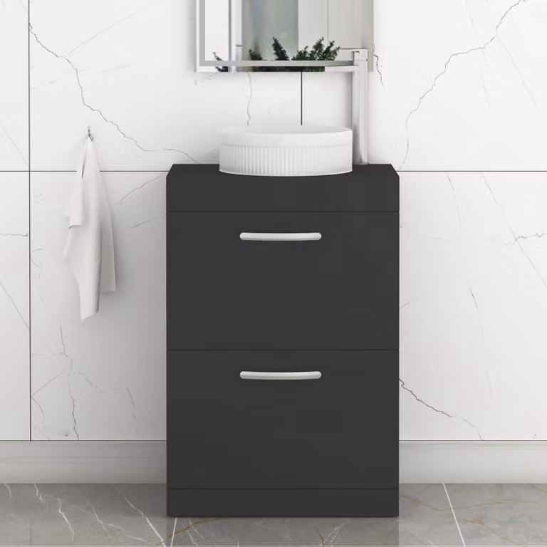 Royal Bathrooms Turin 600mm Floor Standing 2 Drawer Vanity Unit with Round Countertop Basin in Matt Black